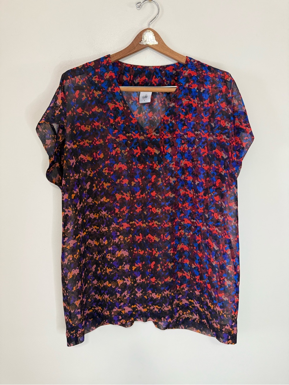 CABI Semi sheer  Multicolor Abstract Print V-Neck Blouse - Red & Blue size large